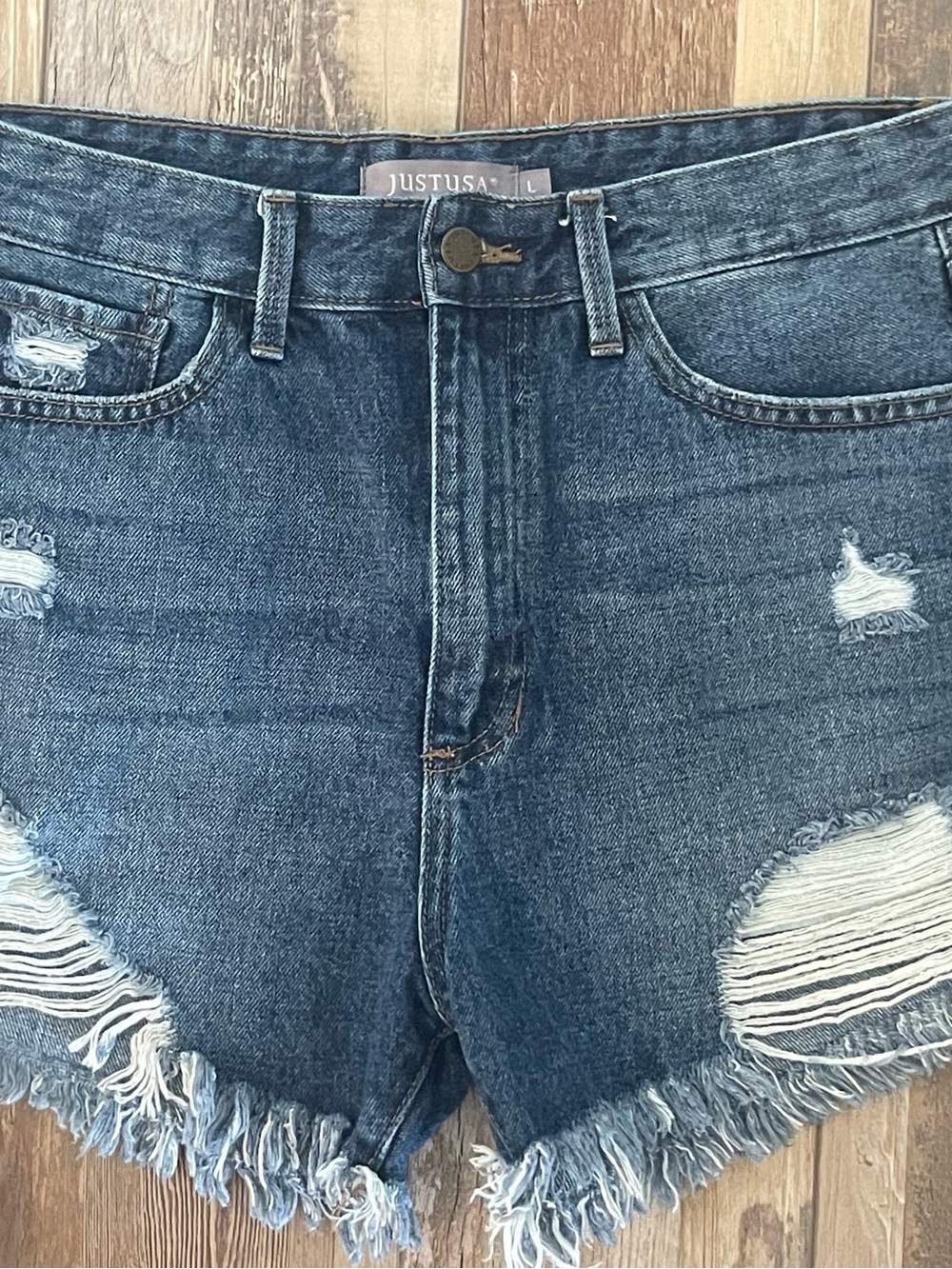 Just USA Distressed High-Waist Denim Shorts - Blue